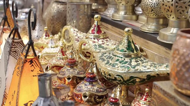 Antique brass lamp, Aladdin magic lamps in Morocco.