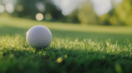 Obraz premium A golf ball on tee with grass blades, morning light, Elegant style