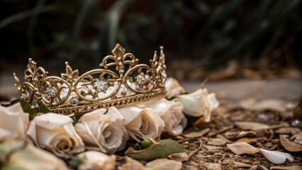 Golden Crown Amid Wilting Roses Depicts the End of a Celebrated Life and the Cycle of Time