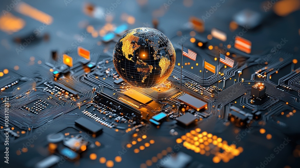 Aufkleber Global connectivity showcase interconnected world with flags digital landscape technology environment futuristic perspective symbol of unity