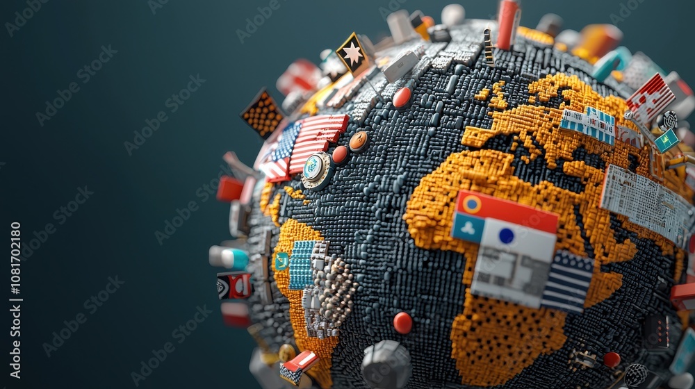 Poster international alliance concept showcased by major country flags on global map digital art global per