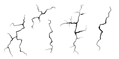 Ground cracks set. Hand drawn design element collection for topics earthquake, crash, destruction isolated on transparent background. fissure, hole effect, craquelure and damaged wall glass, texture