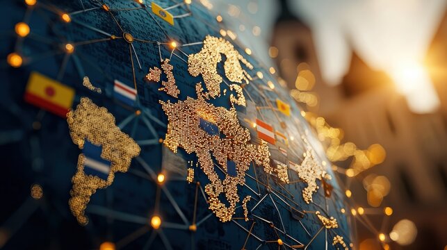 Interconnected world map displaying national flags global perspective digital art urban environment concept of unity