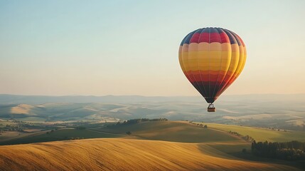 Fototapeta premium Colorful hot air balloon floating over rolling hills at sunset.