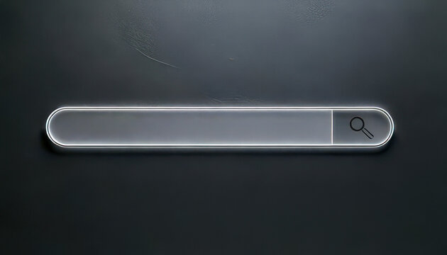 Search engine with search bar concept. A minimalist search bar design, featuring a sleek outline and a magnifying glass icon, set against a dark background.