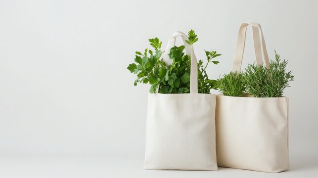 Fresh Herbs and Greens in Reusable Eco-Friendly Bags for Sustainable Lifestyle Emphasis on Natural Ingredients and Organic Gardening Practices in a Minimalist Setting