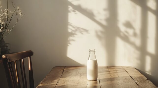 Tranquil Morning Scene with Milk Bottle on Rustic Wooden Table Bathed in Soft Natural Light and Gentle Shadow Play from Nearby Plants