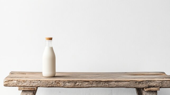 Rustic Wooden Table with a Glass Bottle of Milk on a White Background, Perfect for Farmhouse Style, Food Photography, Minimalistic Decor, and Lifestyle Themes