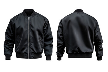 Black bomber jacket mockup, front and back view. transparent background
