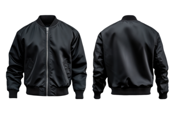 Black bomber jacket mockup, front and back view. transparent background