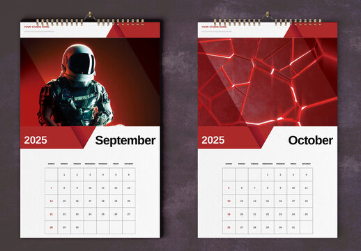 Red Render Wall Calendar 2025 Layout