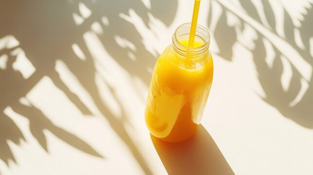 Refreshing and Vibrant Yellow Smoothie in a Clear Bottle with a Straw Casting Beautiful Shadows on a Bright Surface