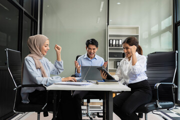 teammates involved in dialogue in conference room, sharing ideas, creative thoughts and business vision, gathered for decision-making, listening insights during teamwork meeting in office.
