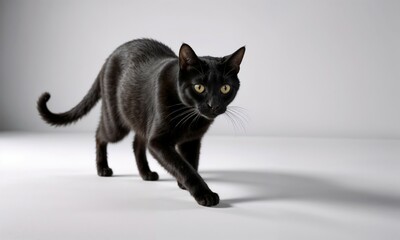 Elegant black cat with golden eyes walking gracefully on white background. Studio portrait captures feline beauty and mysterious nature in minimalist setting with soft shadows