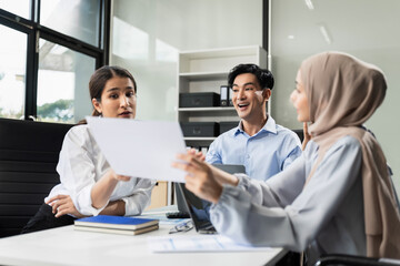 teammates involved in dialogue in conference room, sharing ideas, creative thoughts and business vision, gathered for decision-making, listening insights during teamwork meeting in office.