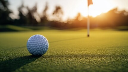Obraz premium A golf ball on the green with flagstick in the background, outdoor setting during golden hour, Serene style
