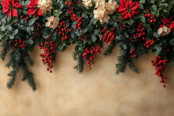 A wall with a red and white wreath of berries and a red and white poinsettia