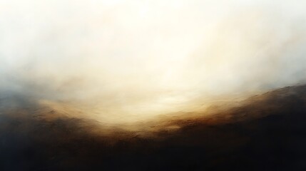 Obraz premium Abstract landscape painting with misty mountains and a light glow in the distance.