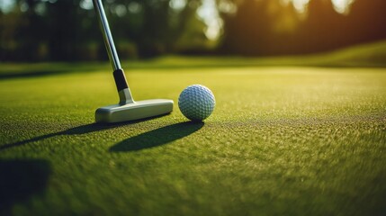 A golf ball on the green with putter nearby, outdoor setting on a green fairway, Elegant style