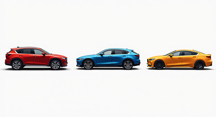 Fototapeta premium Collection of Colorful Cars in Profile View - Red, Blue, and Yellow Vehicles for Automotive Design and Marketing
