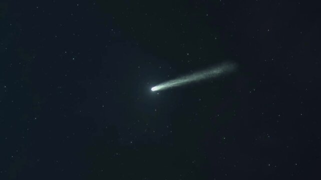 A bright comet with a glowing tail travels through a dark, star-filled night sky.