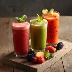 A refreshing trio of colorful smoothies served on a wooden board.