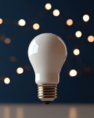 A glowing light bulb floats against a dark background sprinkled with soft, blurred lights, creating an atmospheric and modern ambiance.