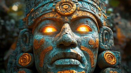 Fototapeta premium Closeup of ancient Aztec mask, detailed stone carvings with gold accents, dramatic lighting highlighting texture, cultural artifact