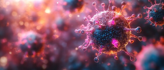 Colorful closeup of microscopic viruses, glowing particles, abstract medical imagery