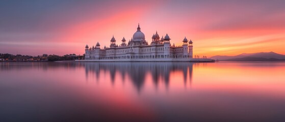 Obraz premium A stunning view of a palace at sunset, reflecting beautifully on the water.