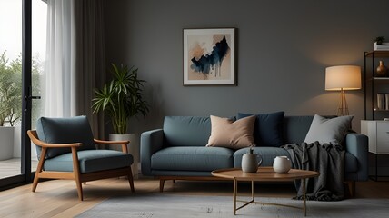 Stylish living room with comfortable sofa near grey wall. Interior design and matching color palette.