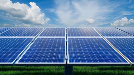 Renewable Energy Potential: Vibrant Solar Panel Array in Lush Green Fields under Dramatic Sky