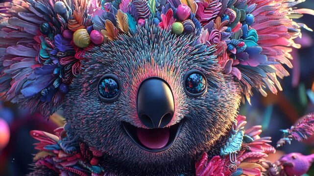 A colorful koala with large blue eyes smiles brightly, adorned with intricate floral designs and feathers