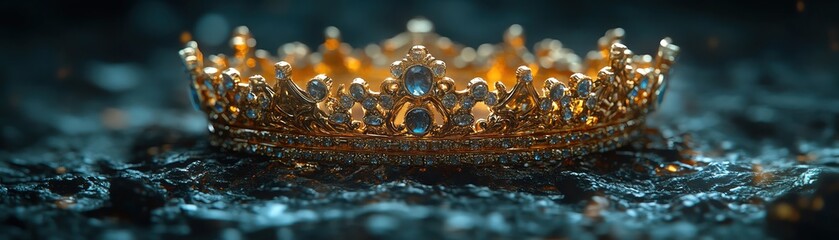 Golden crown with jewels resting on a dark surface, symbolizing royalty