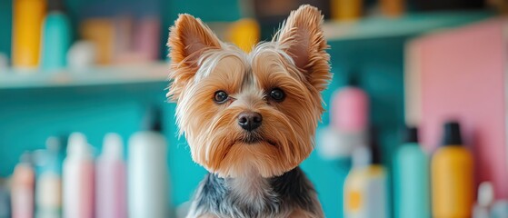 Groomed Yorkie among beauty supplies, pampered pet, sharp focus, grooming day, colorful array