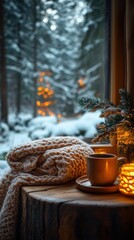 Cozy winter cabin interior with blanket and tea snowy forest view