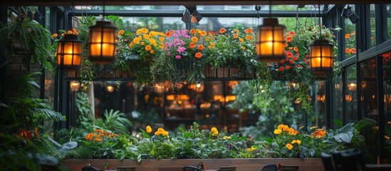 Hanging lanterns with warm lights illuminate a lush garden patio with flowers and plants.