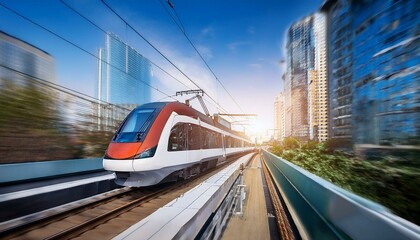 electric passenger train Drive at high speed amidst the urban landscape.