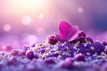 A vibrant and artistic display of a smoothie bowl topped with berries and a decorative leaf.