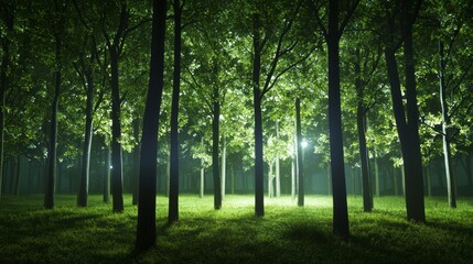 Fototapeta premium Illuminated Forest: Serene Nature Scene with Energy-Efficient LED Lights blending harmoniously with Trees.