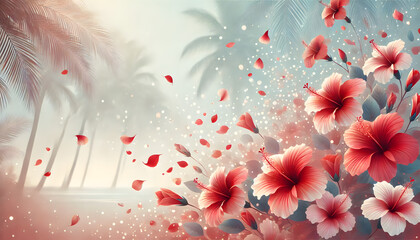 Vibrant Hibiscus Flowers with Floating Petals and Tropical Palm Trees