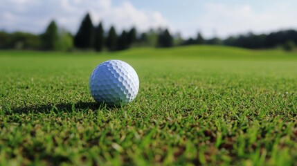 Fototapeta premium A golf ball resting on tee, outdoor setting with green backdrop, Classic style