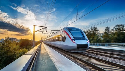 Fototapeta premium electric passenger train Drive at high speed amidst the urban landscape.