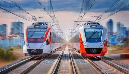 Fototapeta premium electric passenger train Drive at high speed amidst the urban landscape.