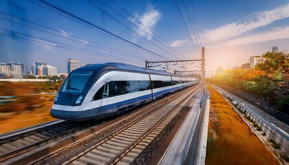 Fototapeta premium electric passenger train Drive at high speed amidst the urban landscape.