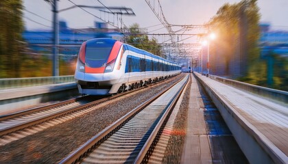 Fototapeta premium electric passenger train Drive at high speed amidst the urban landscape.