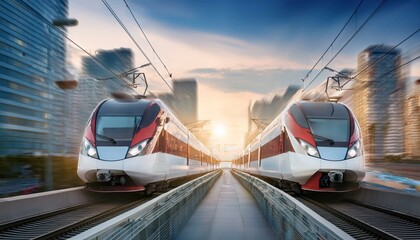 Fototapeta premium electric passenger train Drive at high speed amidst the urban landscape.