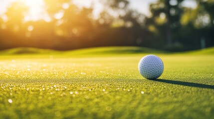 A golf ball rolling towards the hole on the green, outdoor setting with morning dew, Tranquil style