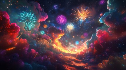 Fototapeta premium Colorful fireworks explode in a starry night sky with clouds and light trails.