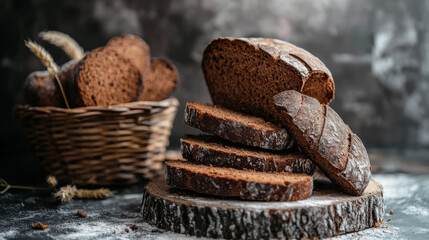 This image shows a pumpernickel sourdough bread loaf in different ways. You can see it sliced, stacked, in a basket, and piled up. It's perfect for creating artwork or designs.